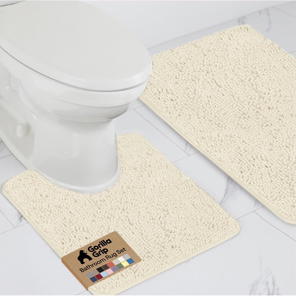 Gorilla Grip Original Shaggy Chenille 2 Piece Bath Rug Set Includes Oval U-Shape Contoured Mat for Toilet and 30x20 Carpet Rugs, Machine Wash/Dry, Plush Mats for Tub, Shower & Bathroom (Ivory Cream) โ image 1