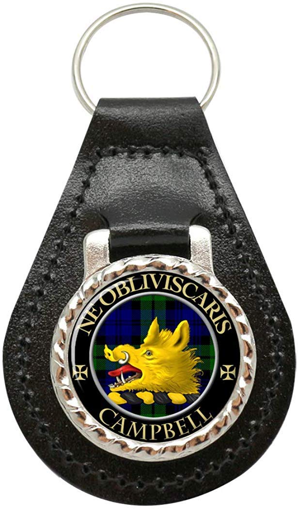 Giftshop Uk Unisex Black Leather And Silver Metal Campbell Of Argyll Scottish Clan Leather Key Fob