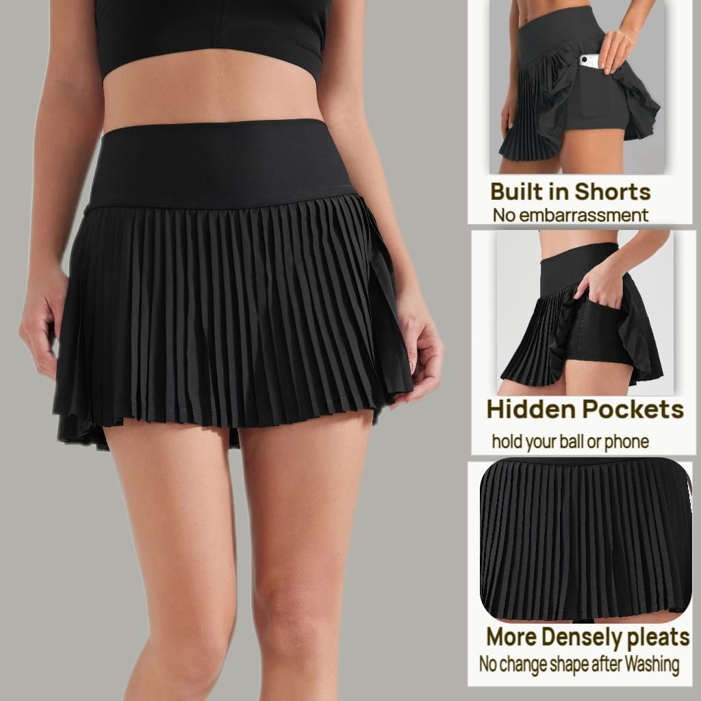 Pleated Tennis Skirts for Women with Shorts High Waist Tummy Control Skorts with Pockets Athletic Golf Running Skort - Image 2