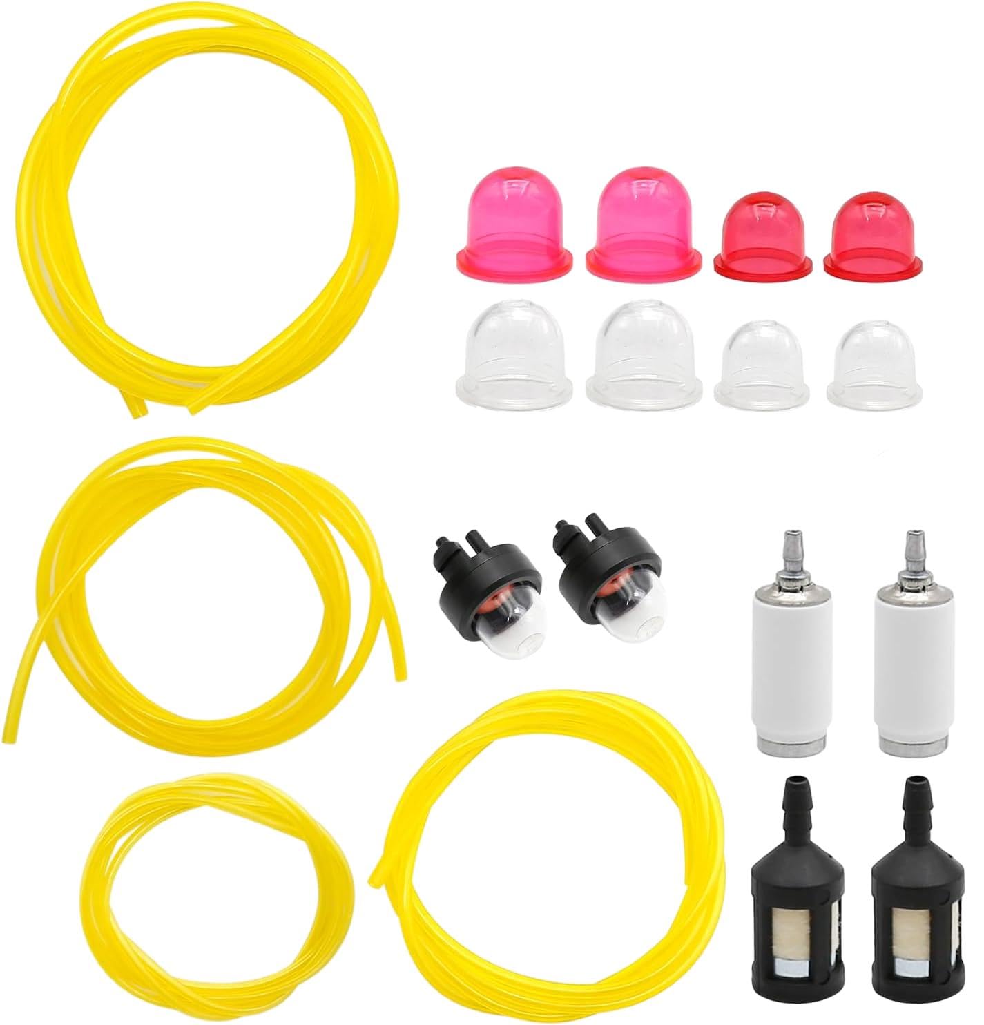 AC04122 Fuel Line kit for Zama, Poulan, for Craftsman, for Ryobi, Homelite, for Husqvarna Chainsaw, Weed Eater, Trimmer, and Blower Engines. Includes 4 sizes and 4 feet (with primer bulb and fuel