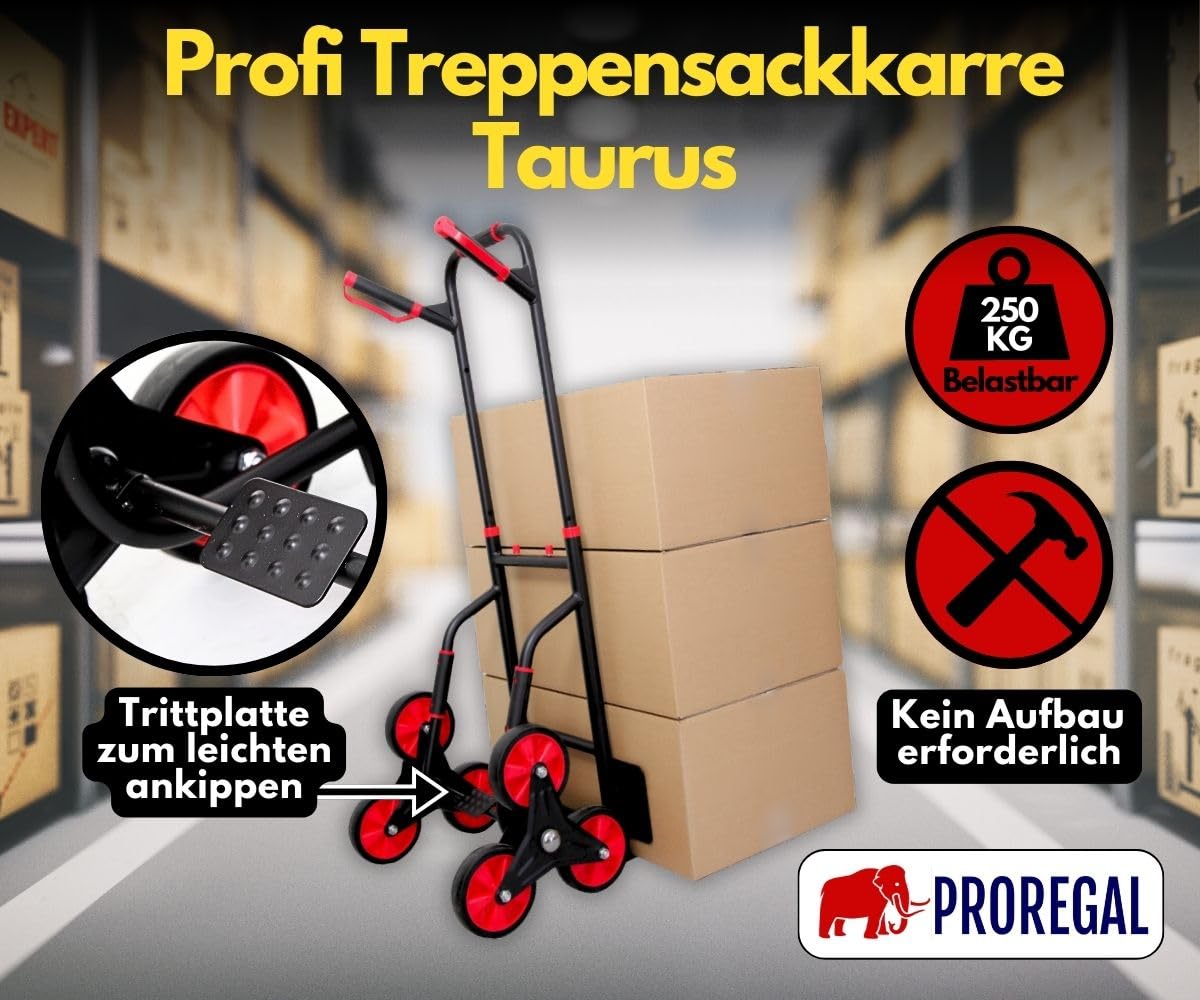 PROREGAL Carrello professionale pieghevole per scale TAURUS 250 | AxLxP 115x52x63cm | Portata 250kg | Telaio in acciaio, maniglie ergonomiche, ruote in gomma TPR | Rosso-Nero