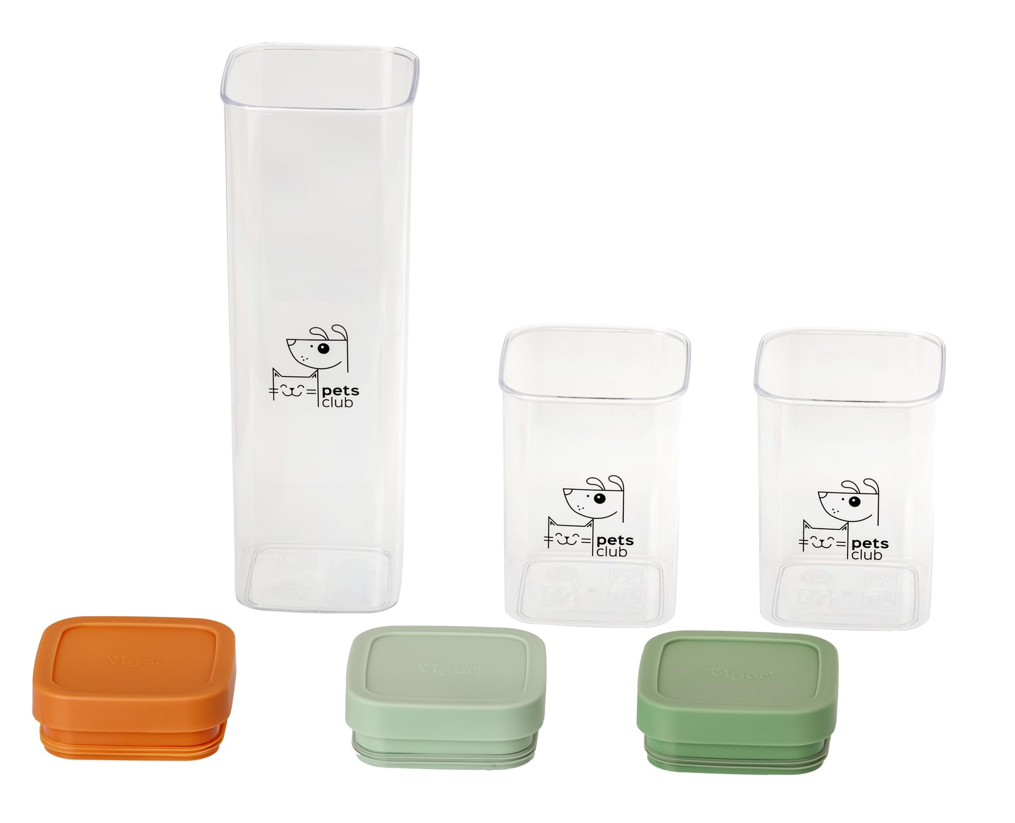 VIGAR - Conteneur pour Snacks - Pack 3 Unités - Collection Pets Club - 250 et 500 ML - Pot en Plastique sans BPA - Couvercle Hermétique - en Orange et Vert