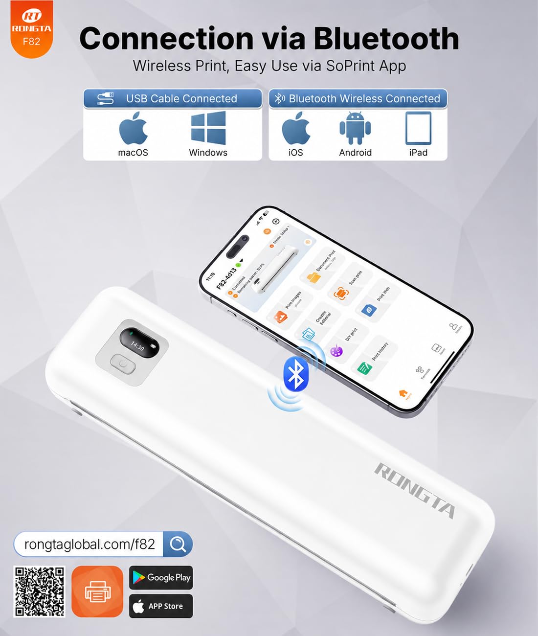 Rongta Stampante termica portatile F82 da 300 DPI, stampanti senza inchiostro wireless con WiFi/Bluetooth, supporto US Letter/A4/A5/B5 carta termica e etichette da 2-4 pollici, compatibile con