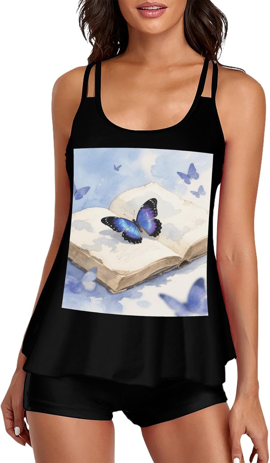 Butterfly On Book Page Tankini Swimsuits for Women Tummy Control Two Piece Bathing Suits Swim Tops with Boy Shorts