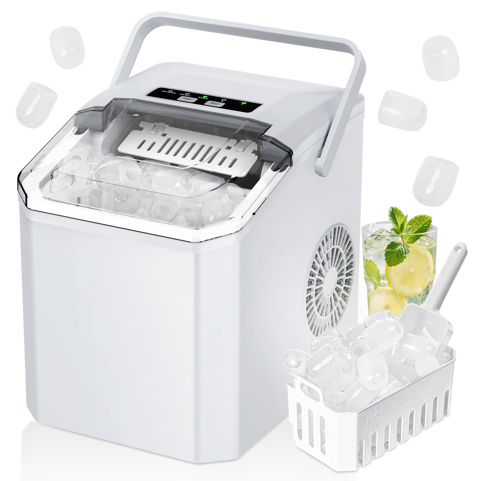 Macchina Ghiaccio,9 Cubetti in 8 Minuti,2 Dimensioni di Ghiaccio,14kg/24h,Macchina Ghiaccio Casa Ice Maker Autopulente con Maniglia/Paletta per Casa/Festa/Cucina/Bar (Bianco)