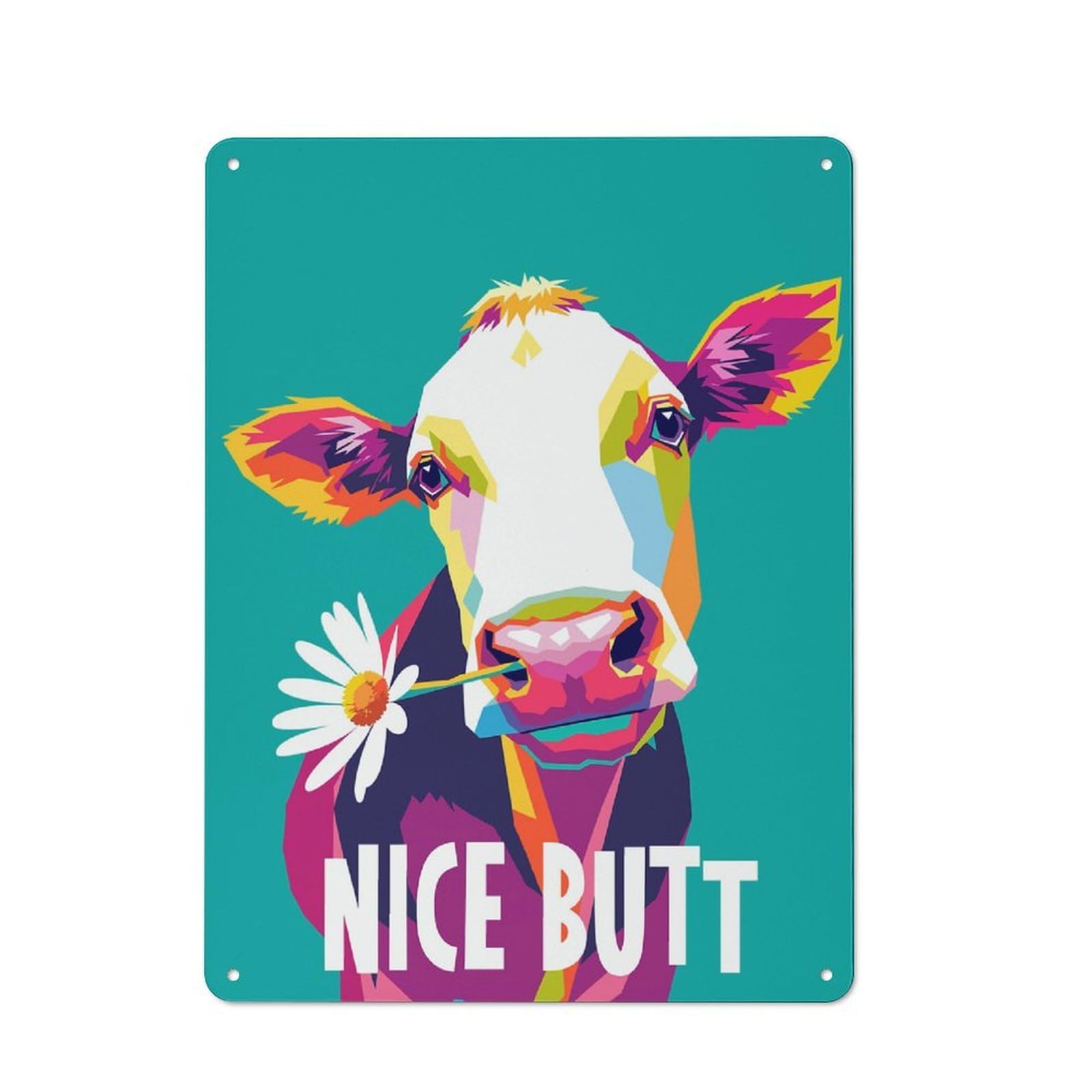Junmoney Style Urban Colorful Cow With Daisy And Text Decorative Metal Plaque 40X30cm, Urban Room Decor For Flat, Bar, Studio Or Gallery Wall