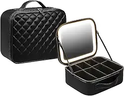 Maleta Bolsa Organizadora de Maquiagem com Espelho LED + Porta Pinceis PRETA Portátil Para Viagem Necessaire Em Couro X-Matte