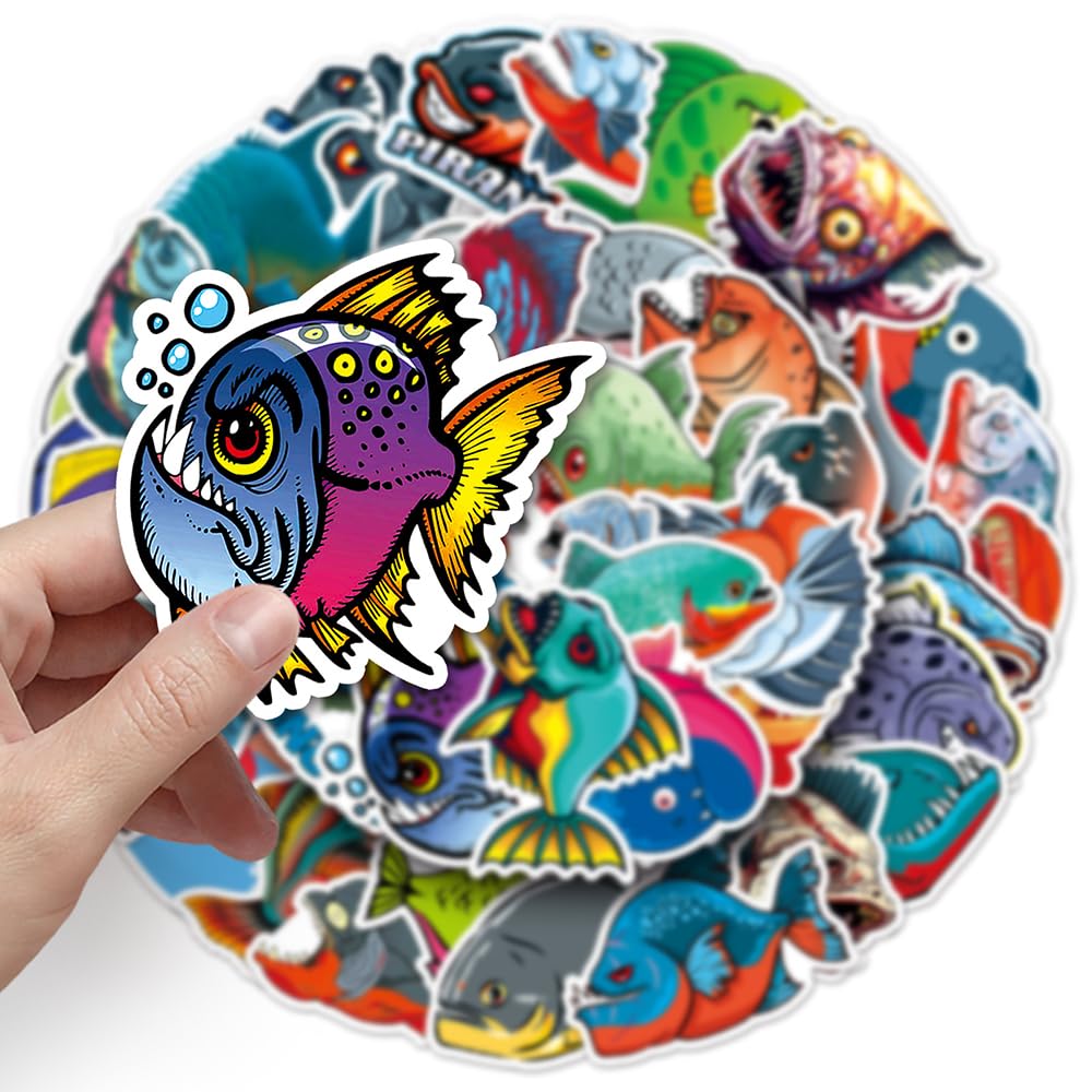 Bold Piranha Vinyl Stickers, 50 PCS Waterproof Illustrated Fish Decals for Laptops Scrapbooking, Journals, Notebooks - Image 4