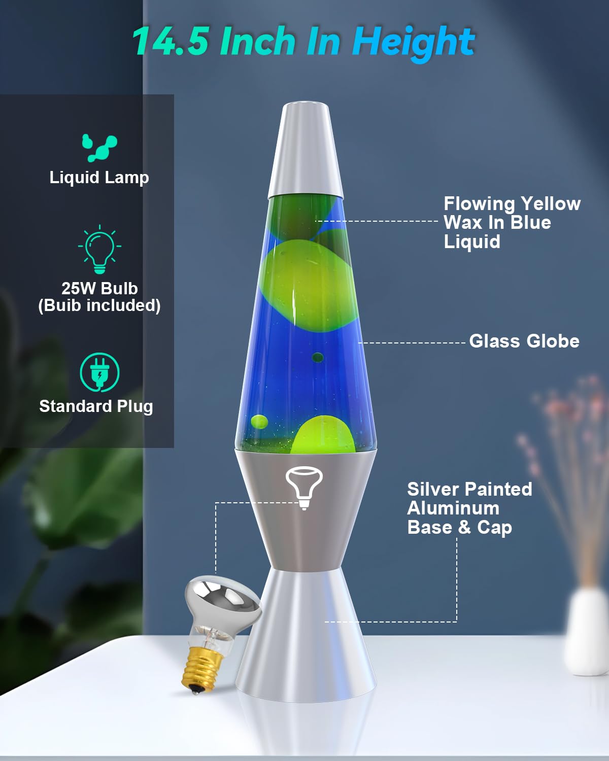 AONESY Lampe à Lave 37cm Bleu Foncé Liquide & Jaune Cire Lampe à Lave Enfants Lampe de Nuit Lumière Colorée Cadeau pour Noël Anniversaire