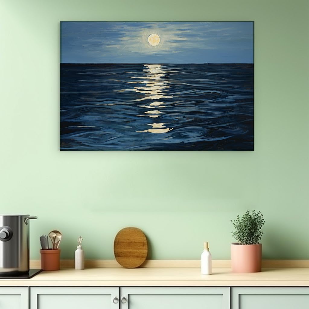 Canvas for Living room. Moonlit Majesty: The Serene Beauty of a Tranquil Sea at Night, 27 x 18 inch Canvas Wall Art - Contemporary Masterpieces - Modern Home Decor - 69x46 cm (27x18 inch)