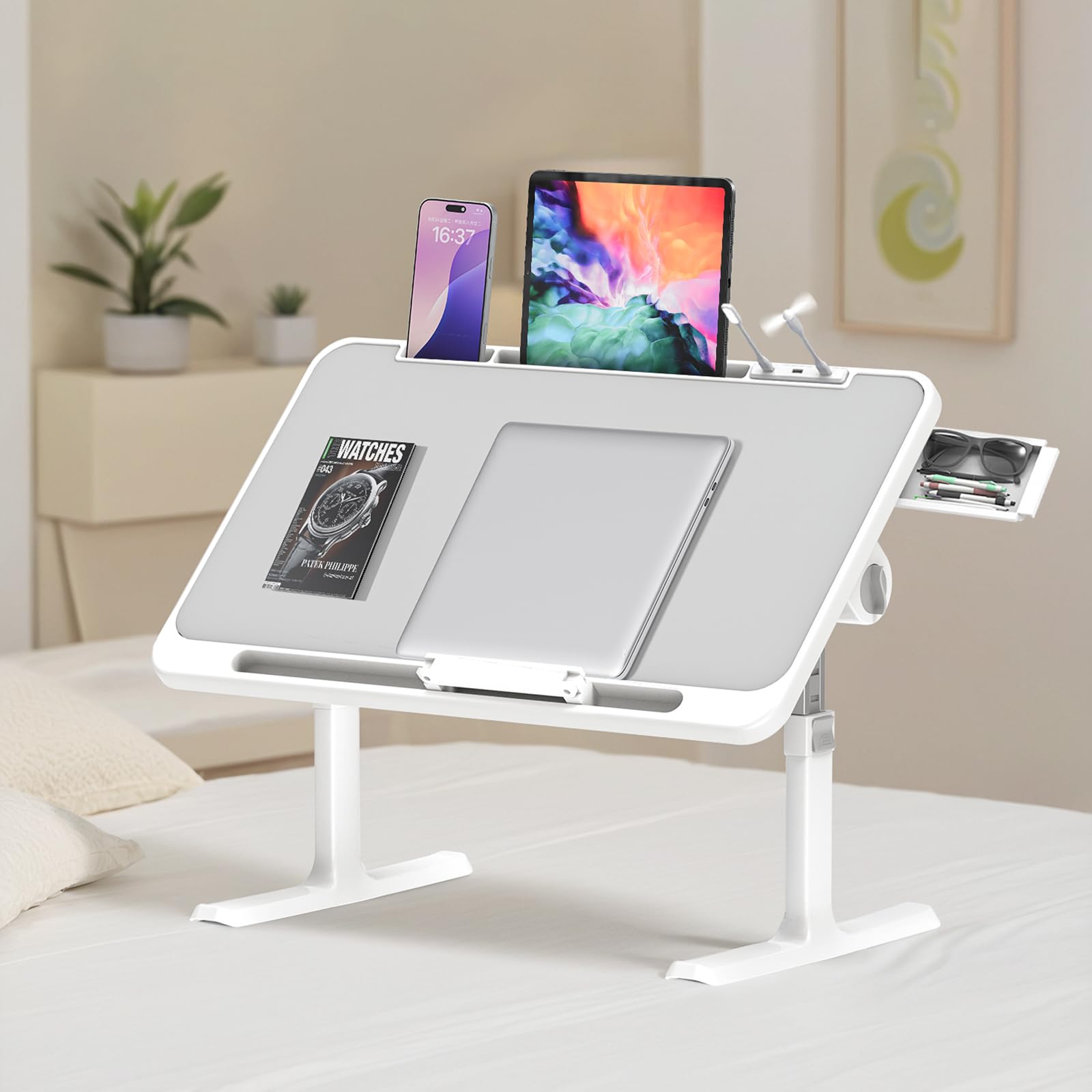 Ferghana Mesa Plegable para portátil Mesa de Cama con Altura Ajustable,Escritorio portátil Plegable - Mesa Plegable para sofá,Suelo,Cama,Exterior (Tiraje + Ventilador pequeño + led,Gris Claro)