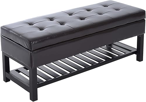 HomCom  Estante para zapatos de piel PU, 44 pulgadas, banca de almacenamiento, Madera, Marrón