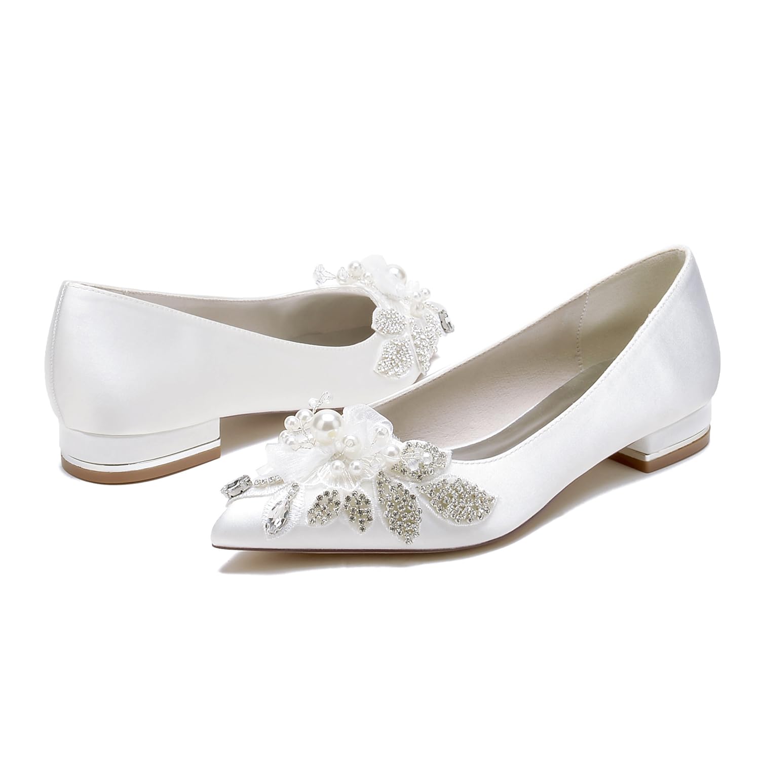 Scarpe col Tacco Basse Donna a Punta Decollete a Punta Chiusa Strass Fiore Sandali con Raso da Sposa per Affari e Lavoro