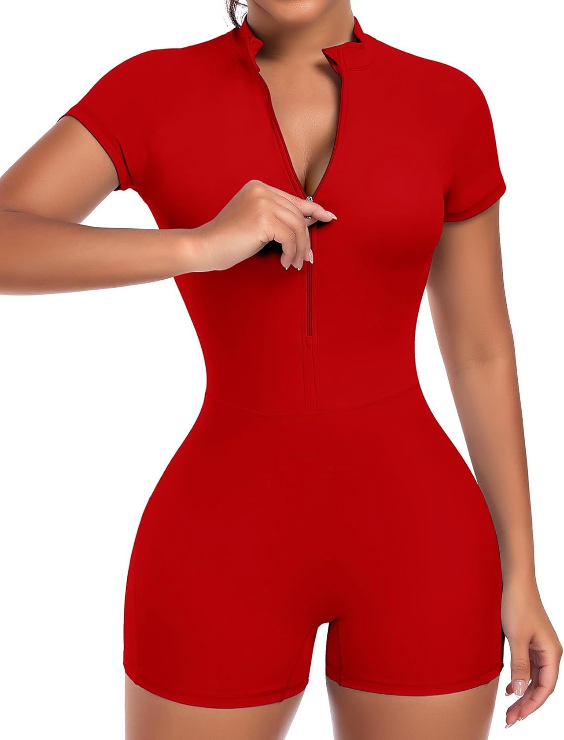 SEASUM Workout Jumpsuits for Women Zip Up Romper Open Back Bottom Short Sleeve Sexy Workout Bodysuit for Gym - Image 2