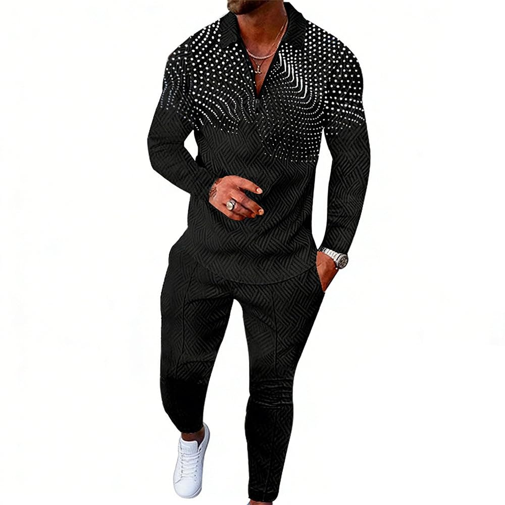 Men's Polo Sweatsuit Sets Long Sleeve 2 Piece Outfit Fashion Jogging TrackSuit Comfy Casual Set for Men