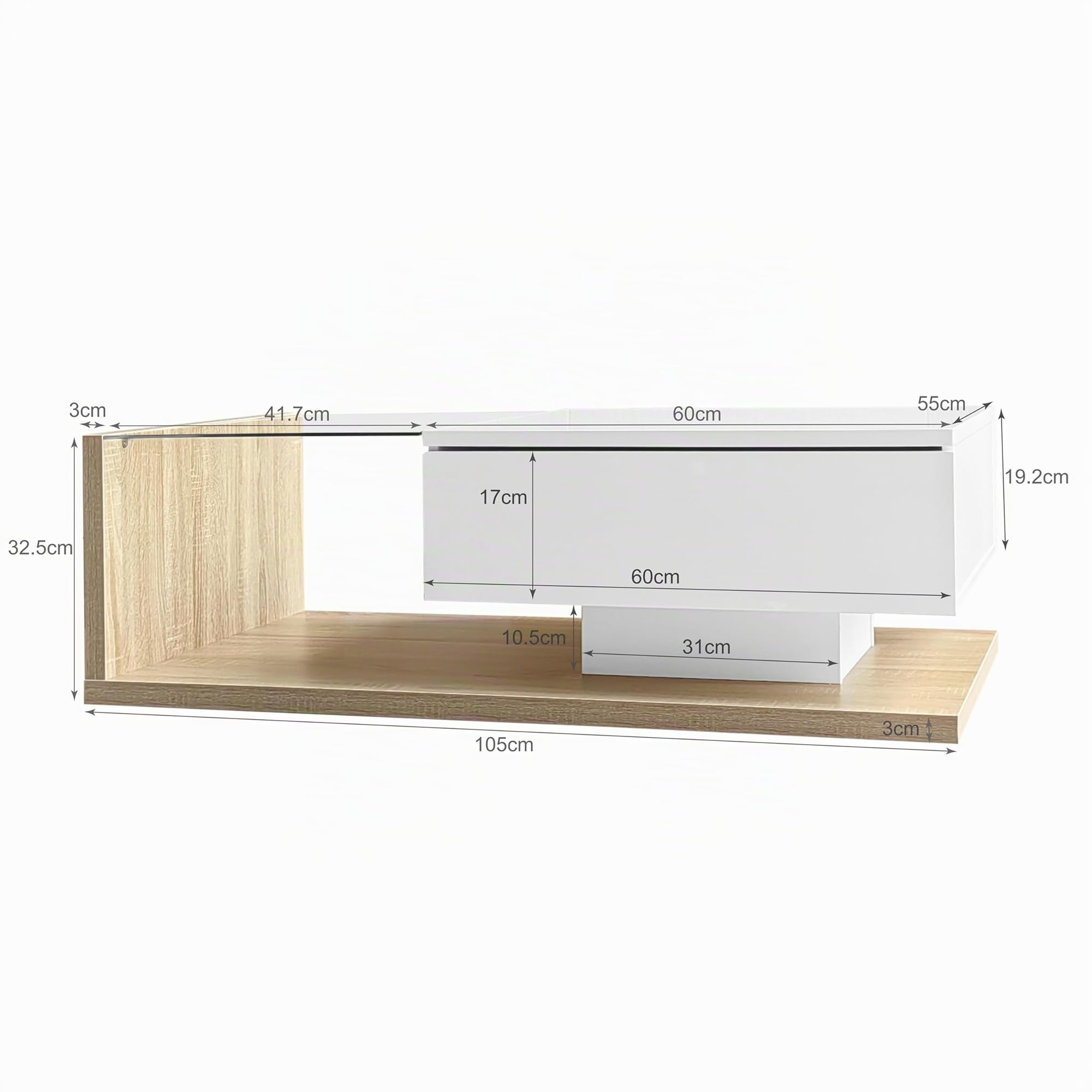 Mesa de centro de 105 x 55 x 32,5 cm, mesa auxiliar, mesa de café en color blanco brillante y combinación de colores de madera, mesas de centro con cristal y efecto LED para salón (blanco y