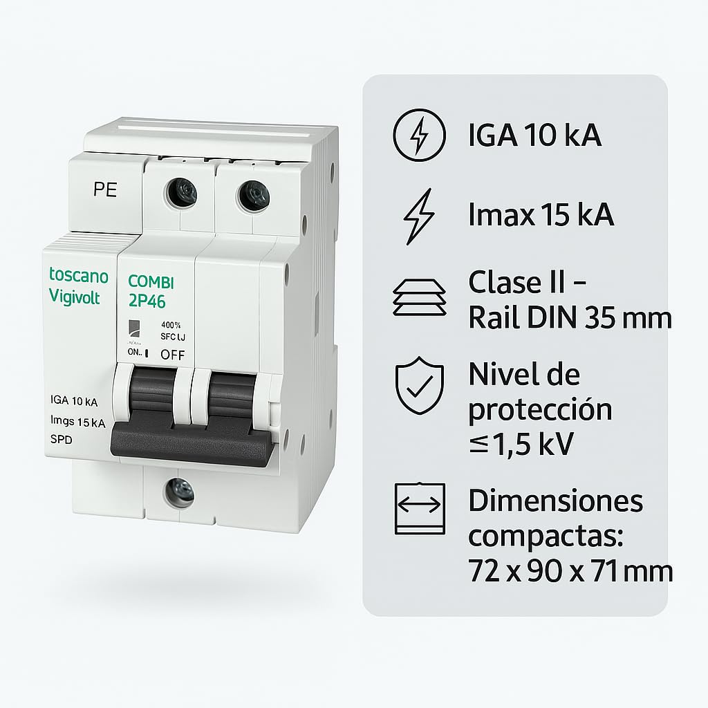 Rasmacor | Tóscano Protector Sobretensiones Transitorias y Permanentes 2P 40A COMBI-2P40T15 Toscano | No instalar en líneas sin Neutro 240V | IGA 10kA | Imax 15kA | Montaje en Rail DIN