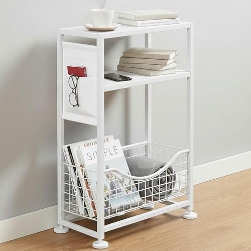 Miniatura 18 de Mesa auxiliar delgada con almacenamiento, mesas auxiliares delgadas de 3 niveles para espacios pequeños, mesa auxiliar estrecha mesita de noche