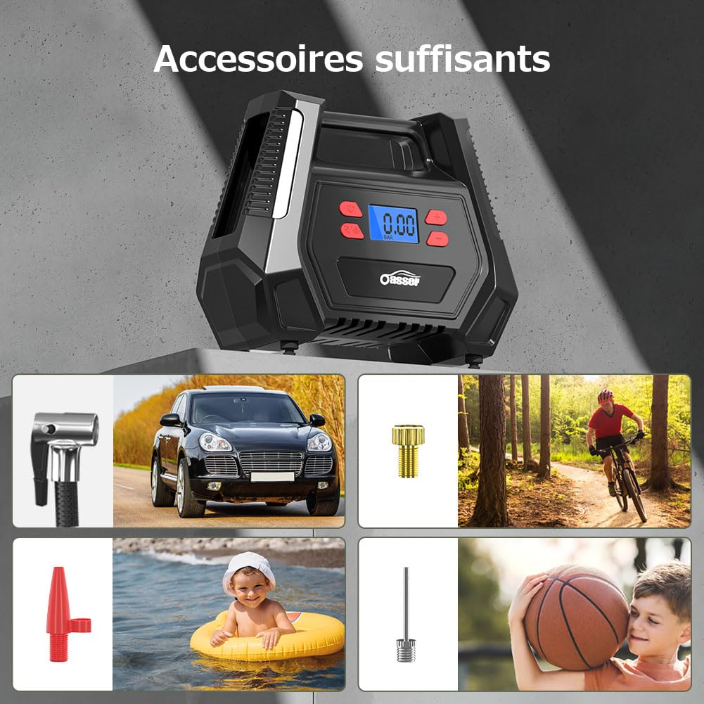 Oasser Compresseur Voiture Compresseur à Air Portatif 12v 220V Gonfleur Pneus Voiture AC/DC Double Alimentation Maison ou Allume-Cigare 150PSI pour Voitures Motos Vélos Balles