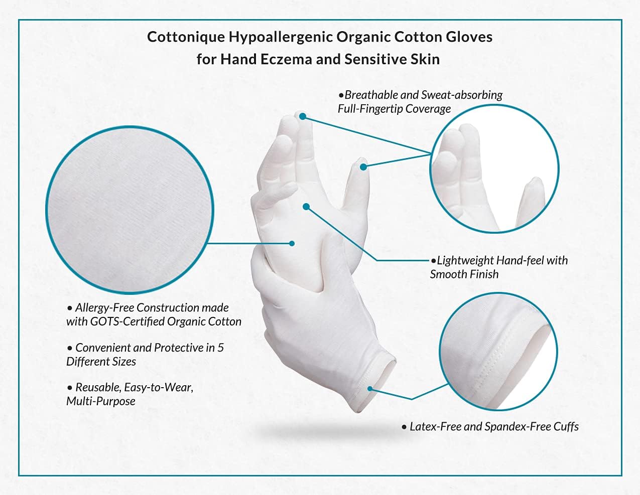 Cottonique Hypoallergenic Gloves Made with 100% Latex-Free Organic Cotton for Hand Eczema & Sensitive Skin