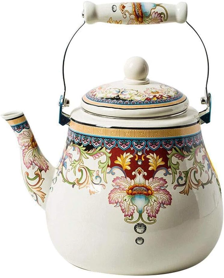 Enamel on Steel Teapot floral,Large Porcelain Enameled Teakettle,Colorful Hot Water Tea Kettle pot for Stovetop,Small Retro Classic Design