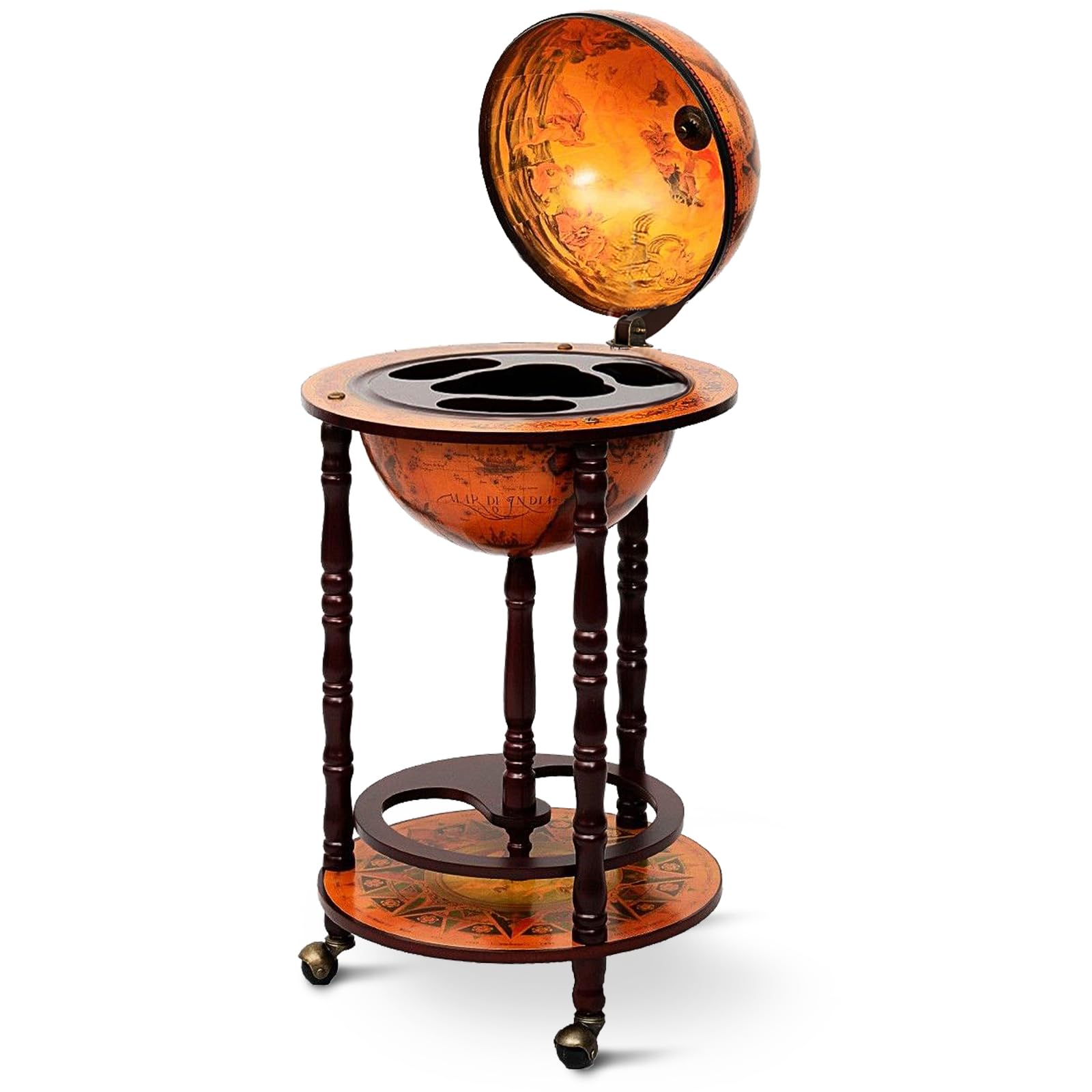 KOMFOTTEU Botellero Bar Globo Terráqueo con Ruedas, Soporte para Botellas de 2 Niveles, Carrito de Bar de Madera, Mueble Minibar para Bebidas, para Restaurante, Fiesta (Marrón, 45 x 45 x 88 cm)