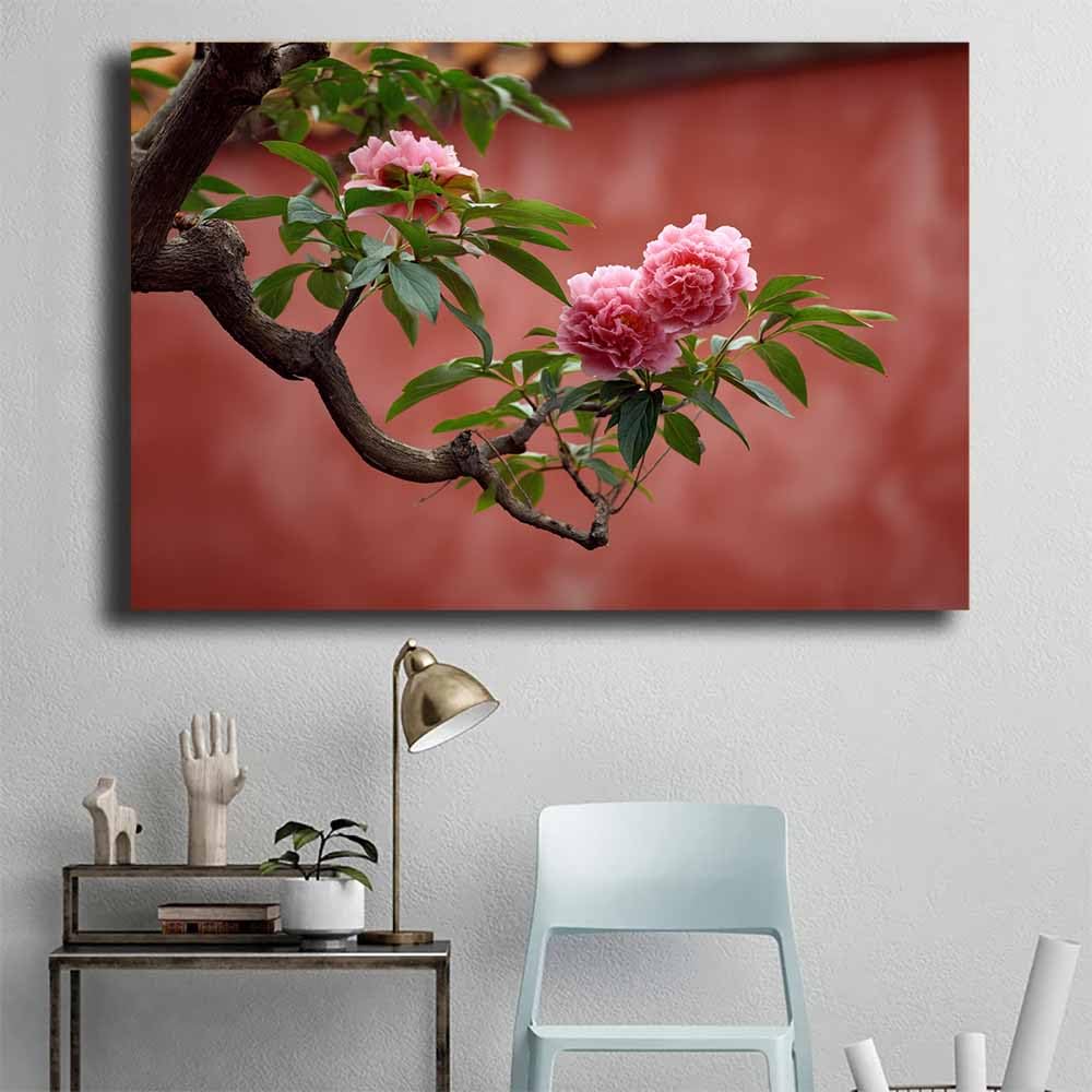 CUDAOO Semplice arte botanica Stampe su Canvas Peonia rosa per Camera da Letto Agriturismo Soggiorno Bagno(rosso)-60x90cm Incorniciato