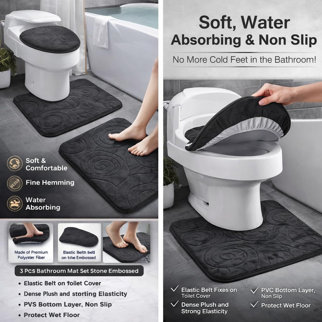 Bath Rug Set, Bathroom Bath Mats Non Slip Bath Rug Toilet Mats for 3 Pieces, Toilet Lid Cover Floor Mats Side Absorbent Carpets (Black)