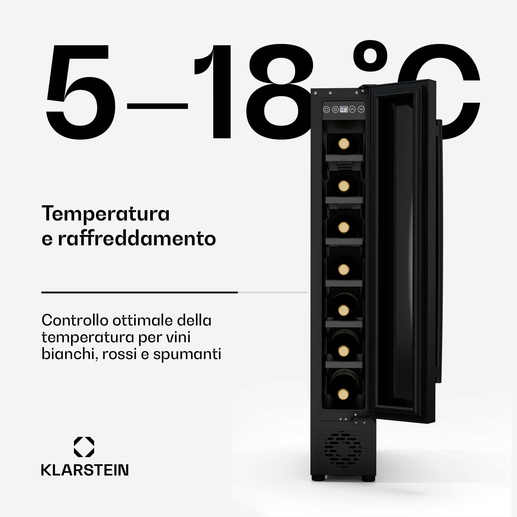 Klarstein Vinovilla 7 Uno - Frigorifero per Vini da Incasso, 7 Bottiglie, 1 Zona, 5-18°C, Illuminazione LED, Funzionamento Silenzioso, Nero Opaco, Frigorifero per Vini Stretto