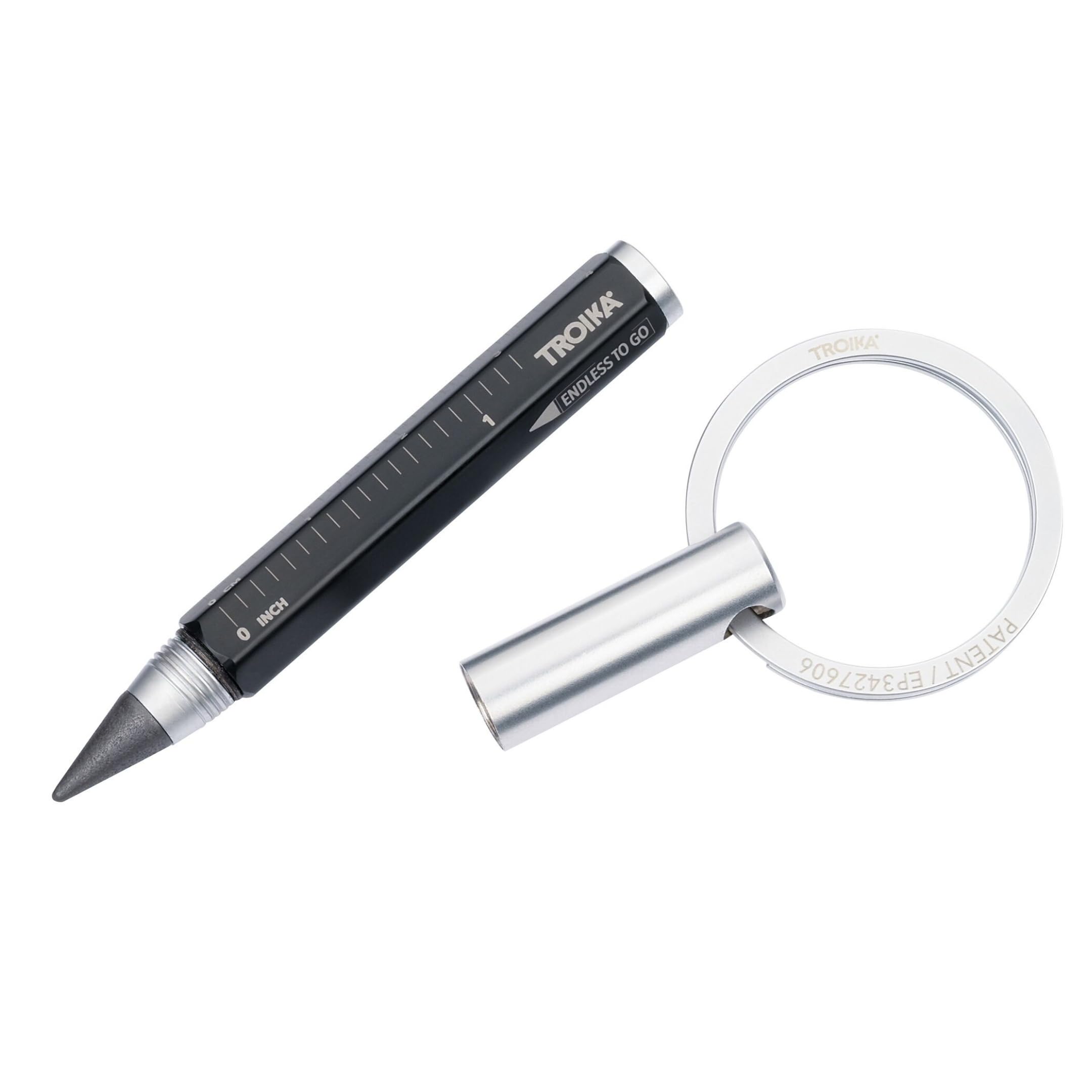 TROIKA Multitasking Pencil and Key Ring with Endless Tip (Approx 20km Writing Length) - ENDLESS TO GO - Centimeter/Inch Ruler - Aluminium - Black, Silver, Black and silver, 9,6 x 3 x 0,8 cm