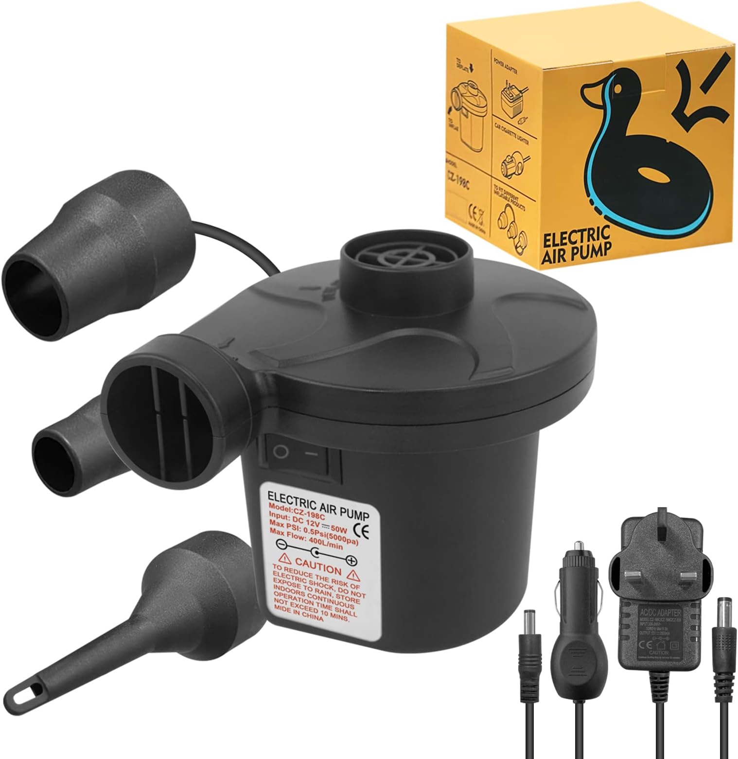 Jsdoin Electric Pump for Inflatables with 3 Nozzles, AC 240V/DC 12V 50W High Power Electric Air Pump for Air Bed Mattress Inflatables Paddling Pool Beach Toys, Fill Inflator Deflator
