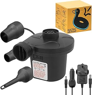 Jsdoin Electric Pump for inflatables with 3 Nozzles, AC 240V/DC 12V 50W High Power Electric Air Pump for Air Bed Mattress Inflatables Paddling Pool Beach Toys, Fill Inflator Deflator, Black, Biger