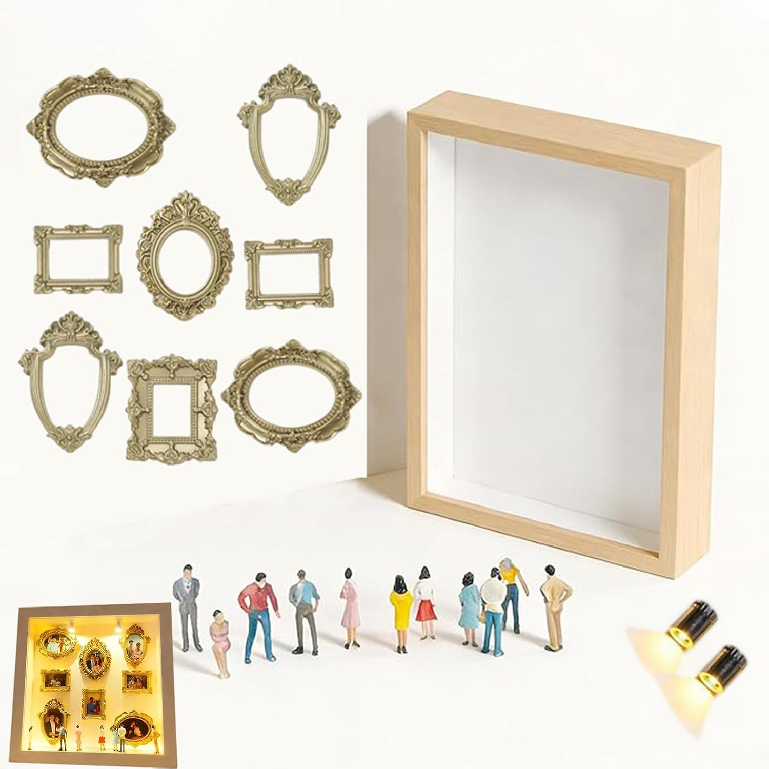 Mini Museo Fotos, DIY Mini Museum Silhouette Box with 8 Gold Frames & 10 Figurines, Mini Museum Picture Frame Creative Desktop Wall Art Decor, Unique Anniversary Birthday Gift for Her (D-with lamp)