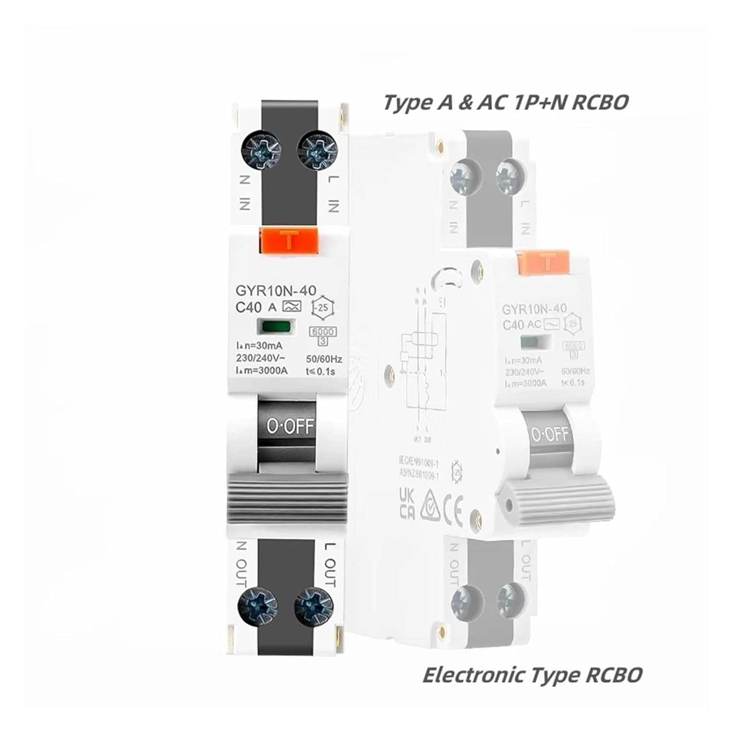 Two GEYA GYR10N-40 RCBOs, Type A and Type AC, side-by-side