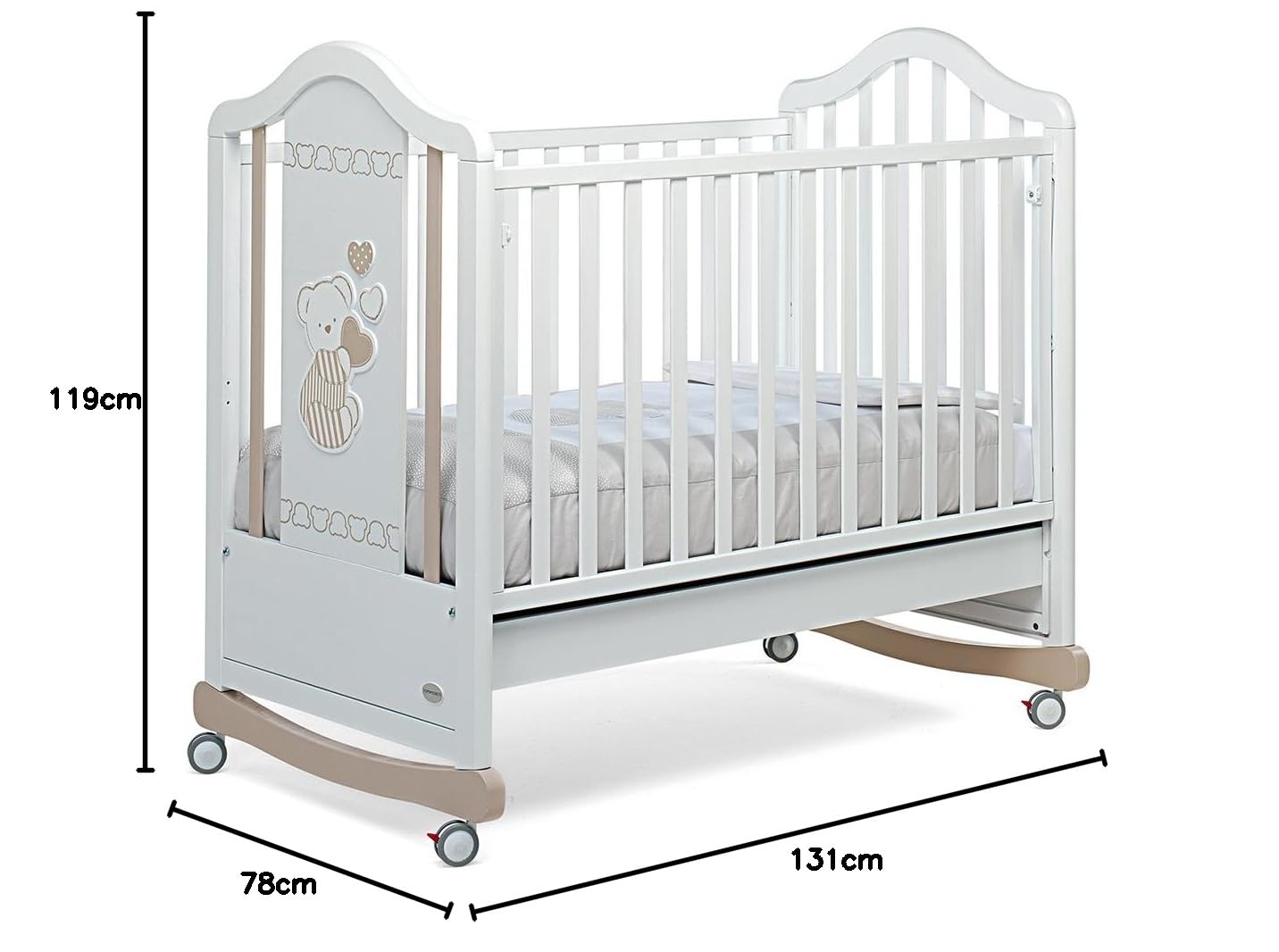 Foppapedretti Lettino con Sponda a Scomparsa Dolcecuore 450, Legno di Faggio, Made in Italy, Rete a Doghe di Faggio, Regolabile a Doppia Altezza, 4 ruote, 131x78x118 cm, Bianco
