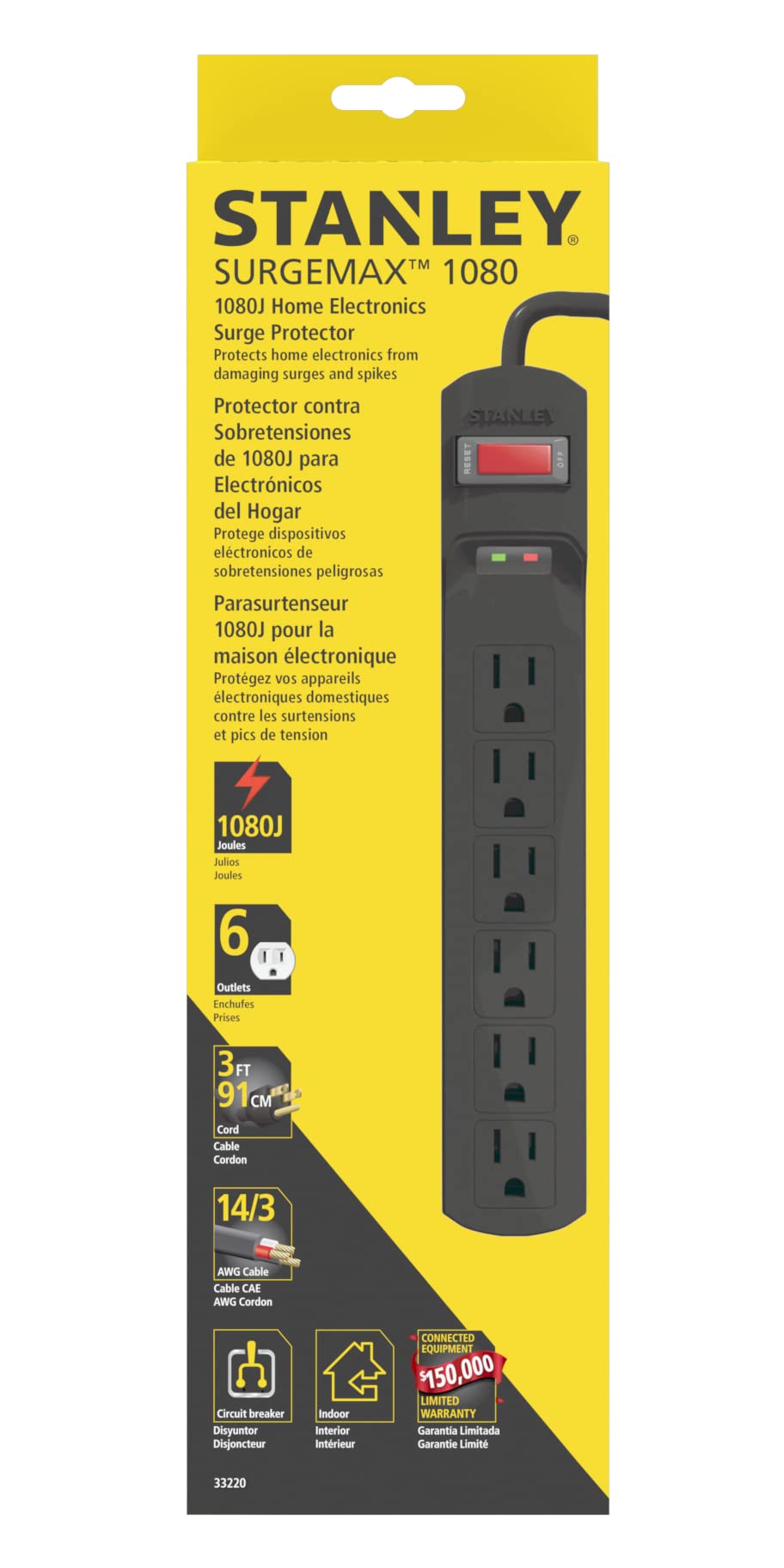 Stanley 33220 SurgeMax 1080 - Regleta de alimentación de 6 salidas, cable de 3 pies, color negro