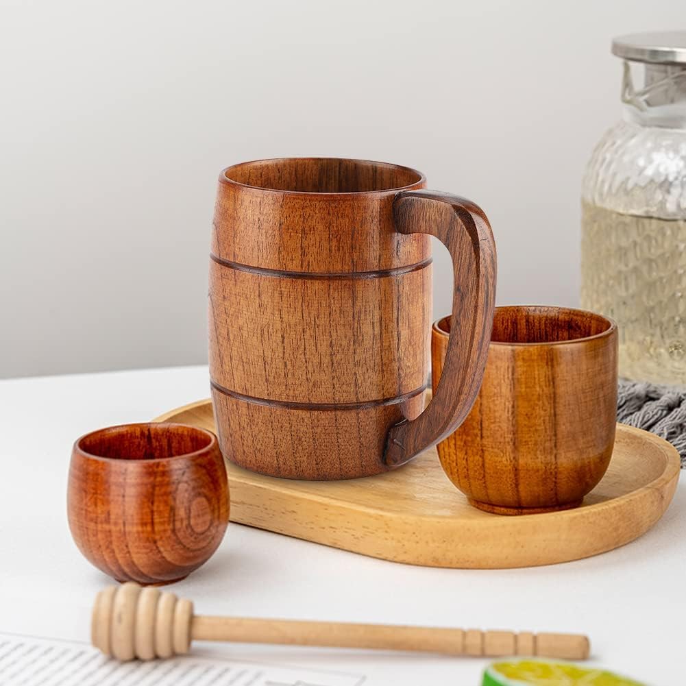 Duży drewniany kubek do piwa uchwyt nie jest łatwy do uszkodzenia, 400 ml drewniany kubek retro herbata woda klasyczne picie z uchwytem do czerwonego wina kawy mleka