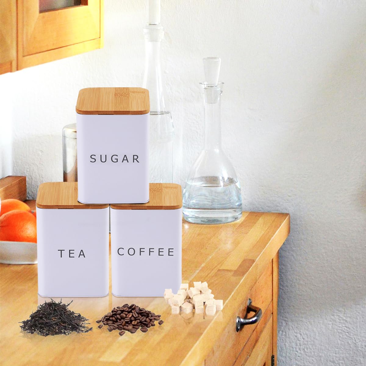 Set Di 3 Contenitori In Ferro Con Coperchio In Bambù Per Caffè, Tè E Zucchero – Pratici, Ermetici E Con Etichette, Ideali Per La Cucina