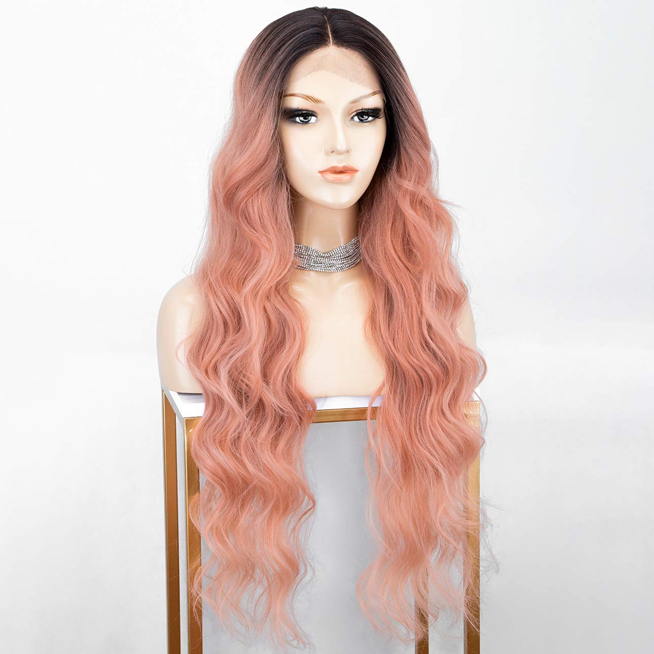 K'ryssma Wavy Lace Front Wigs for White Women Orange Pink Ombre Dark Root to Mixed Pink Glueless Synthetic Hair Wig Heat Resistant Middle Parting