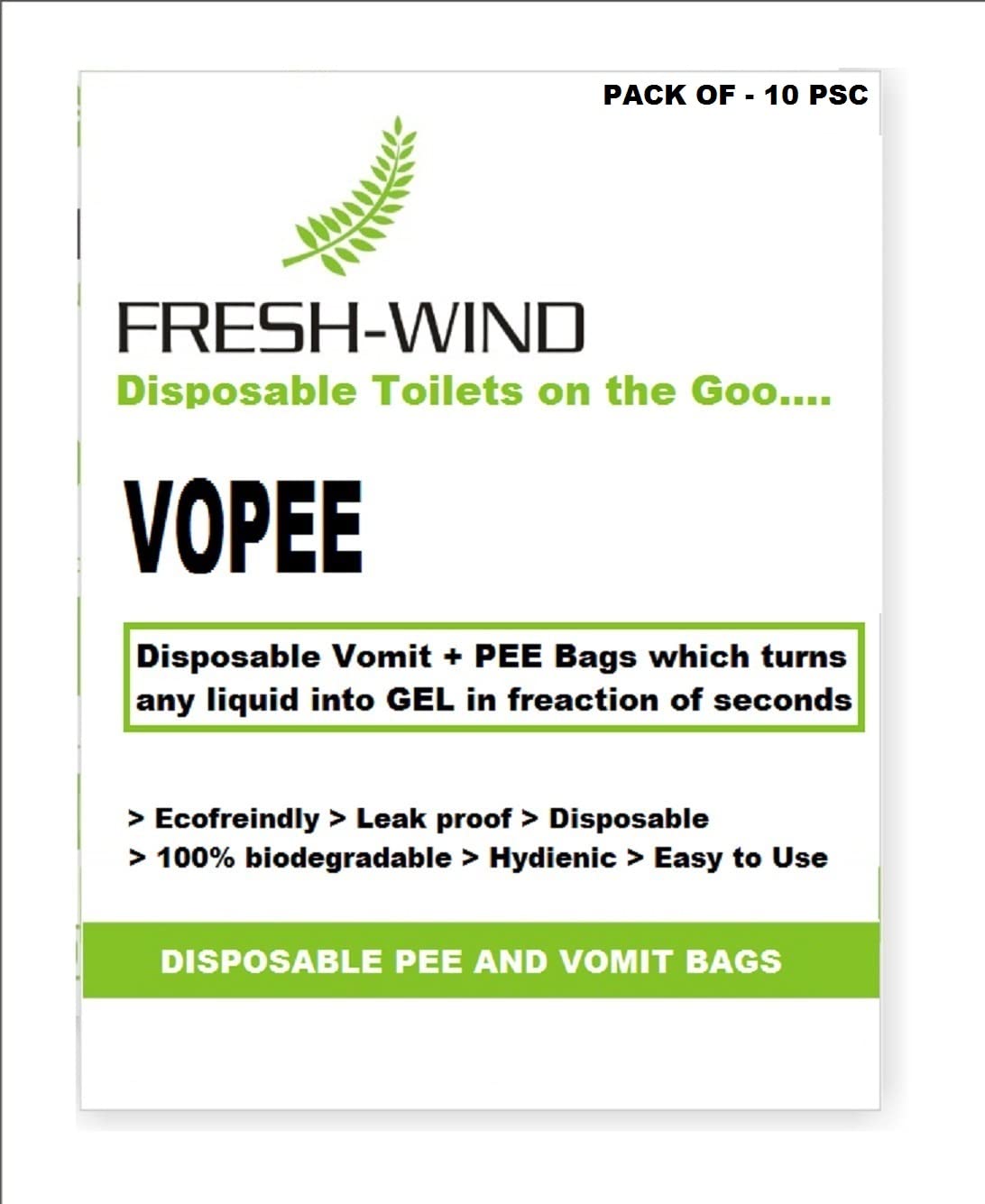FreshwindVOPEE disposable & biodegrable emergency urine vomit bag/pouch travel camping traffic outdoor toilet for men women kids use in bus train car turns liquid into gel immediately pack of (10)