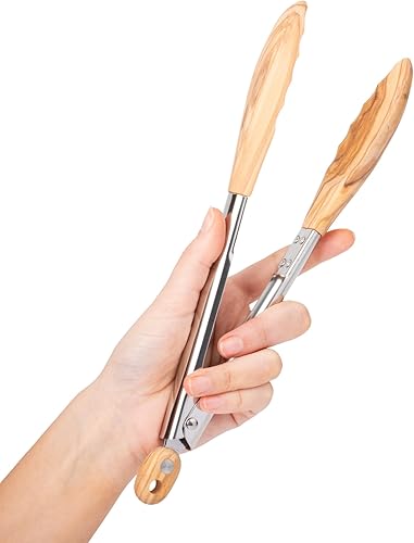 Salt & York Pinzas de madera para cocina, mango largo con agarre antideslizante para cocinar, ensalada, servir alimentos, asar a la parrilla, 11