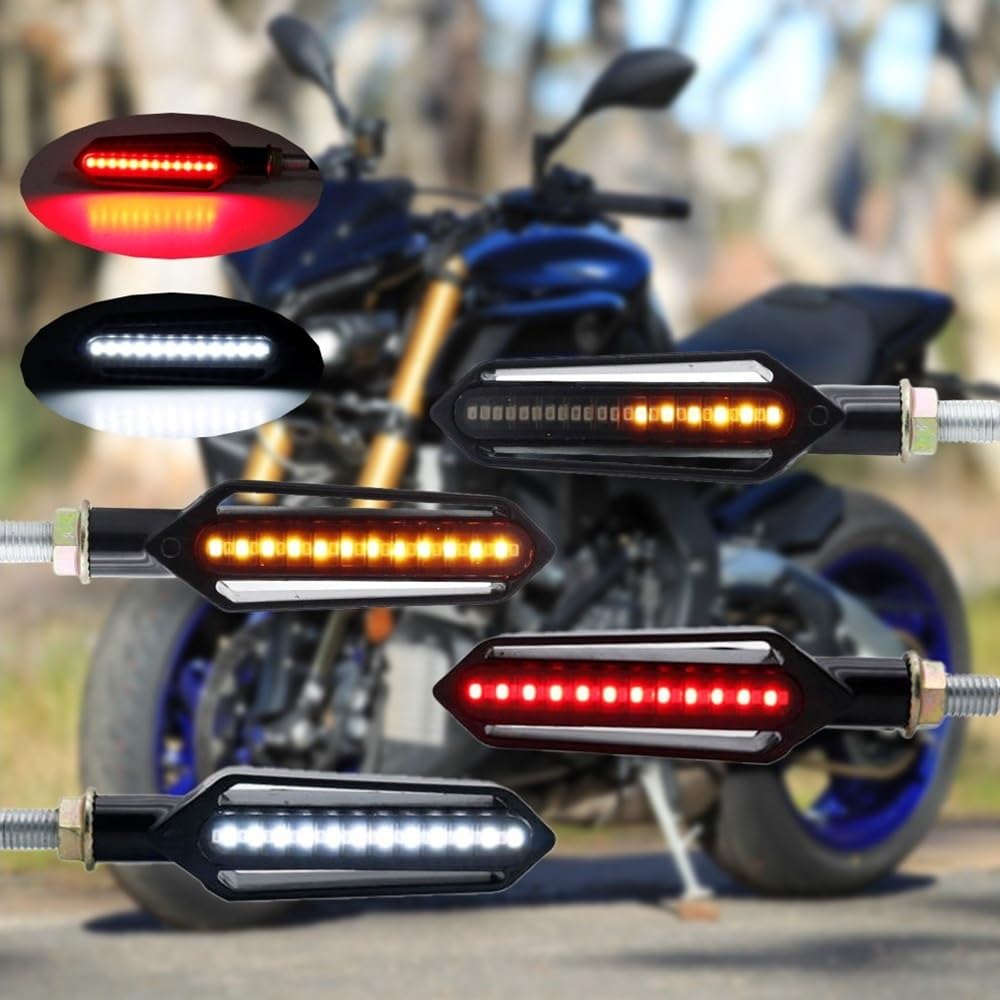 giro Luces Intermitente universal para motocicleta, luz de freno blanca DRL/roja + intermitente agua corriente, LED amarilla