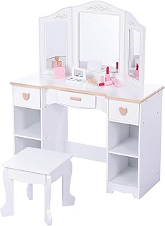 Kids Vanity Princess Makeup Desk & Chair Set with Tri-Folding Detachable Mirror and Stool Pretend Play Girls Vanity Set Kids Makeup Vanity Table Set Children Makeup Dressing Table with Drawer White