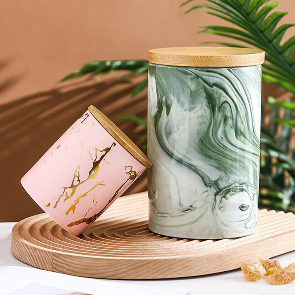 Housoutil Pot en Céramique Marbré Couvercle Vert pour Bocal de Rangement Hermétique 1 Pièce Adapté Thé et Fruits Secs