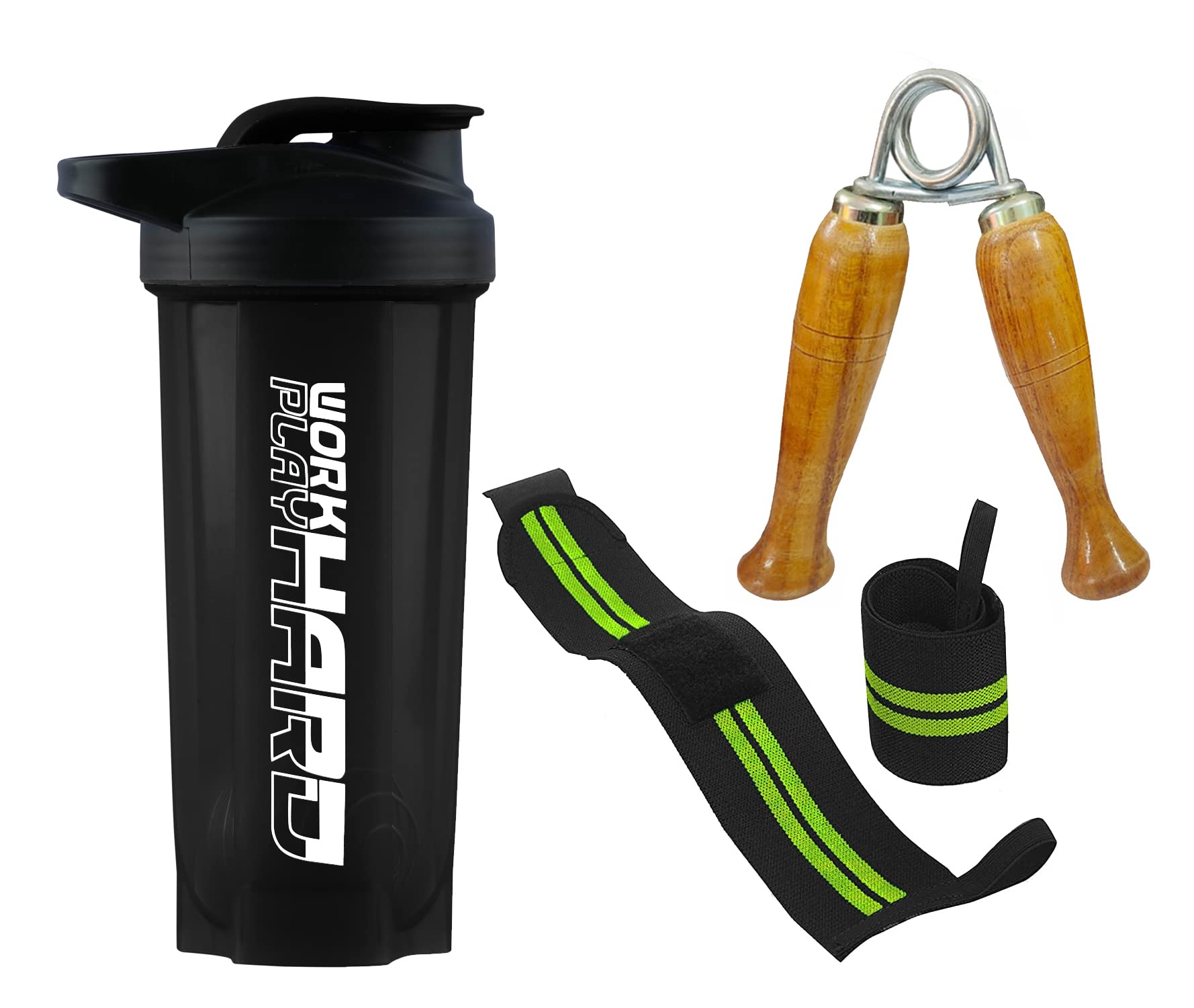 Exclusive Combo Of Gym Shaker With Wrist Band And Wooden Grippper For Gym&Fitness Kit|Gym Shaker|Sports Wrist Band|Fitness Grip|Gym workout grip| Wrist&Forearm for Men Women (GREEN)-image-6