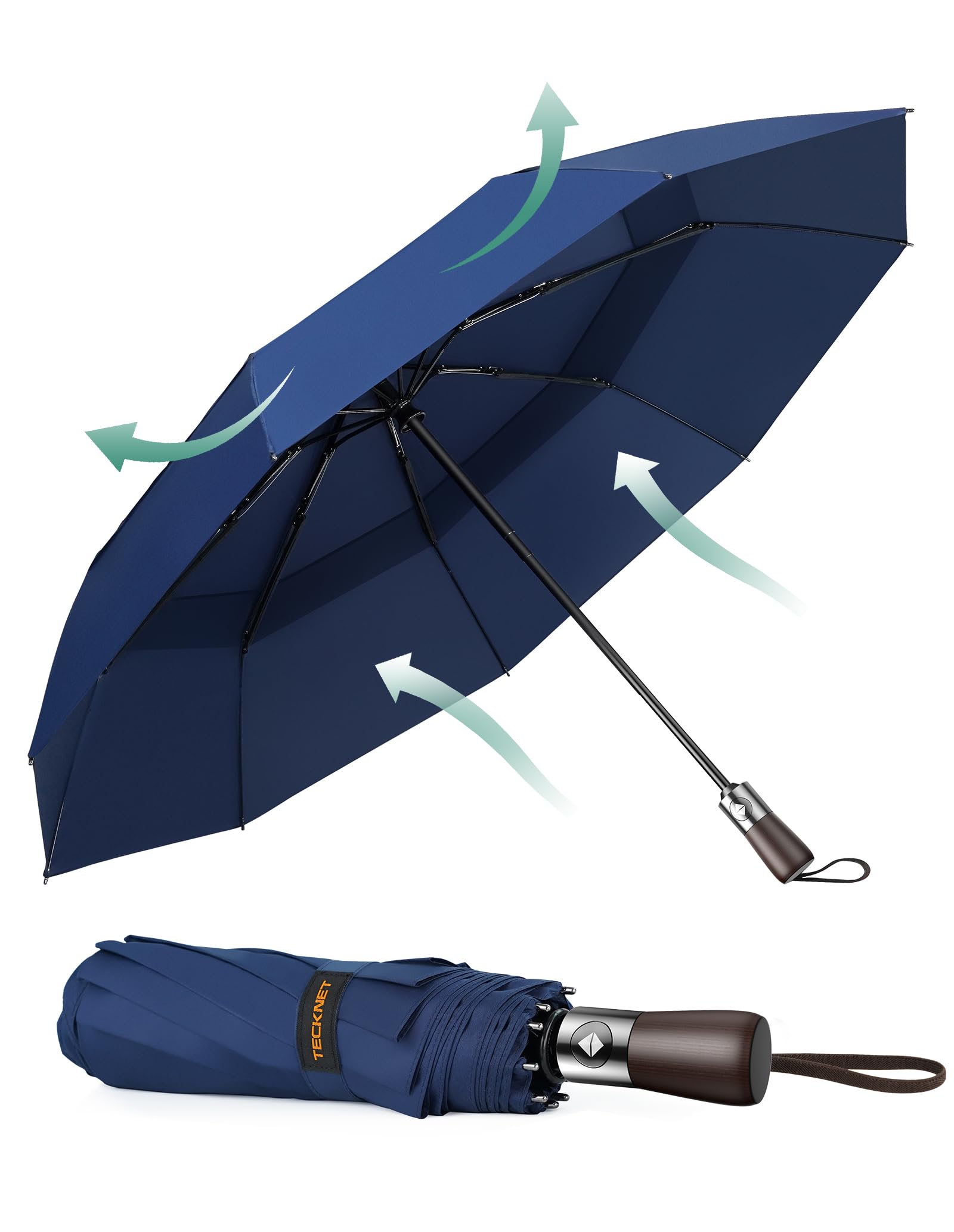 Tecknet Men's Dark Blue Umbrella Windproof Strong Real Wood Handle Auto Open Close Vented Double Canopy - Portable Compact Folding Travel Umbrella, Strong Fiberglass Frame For And Wo