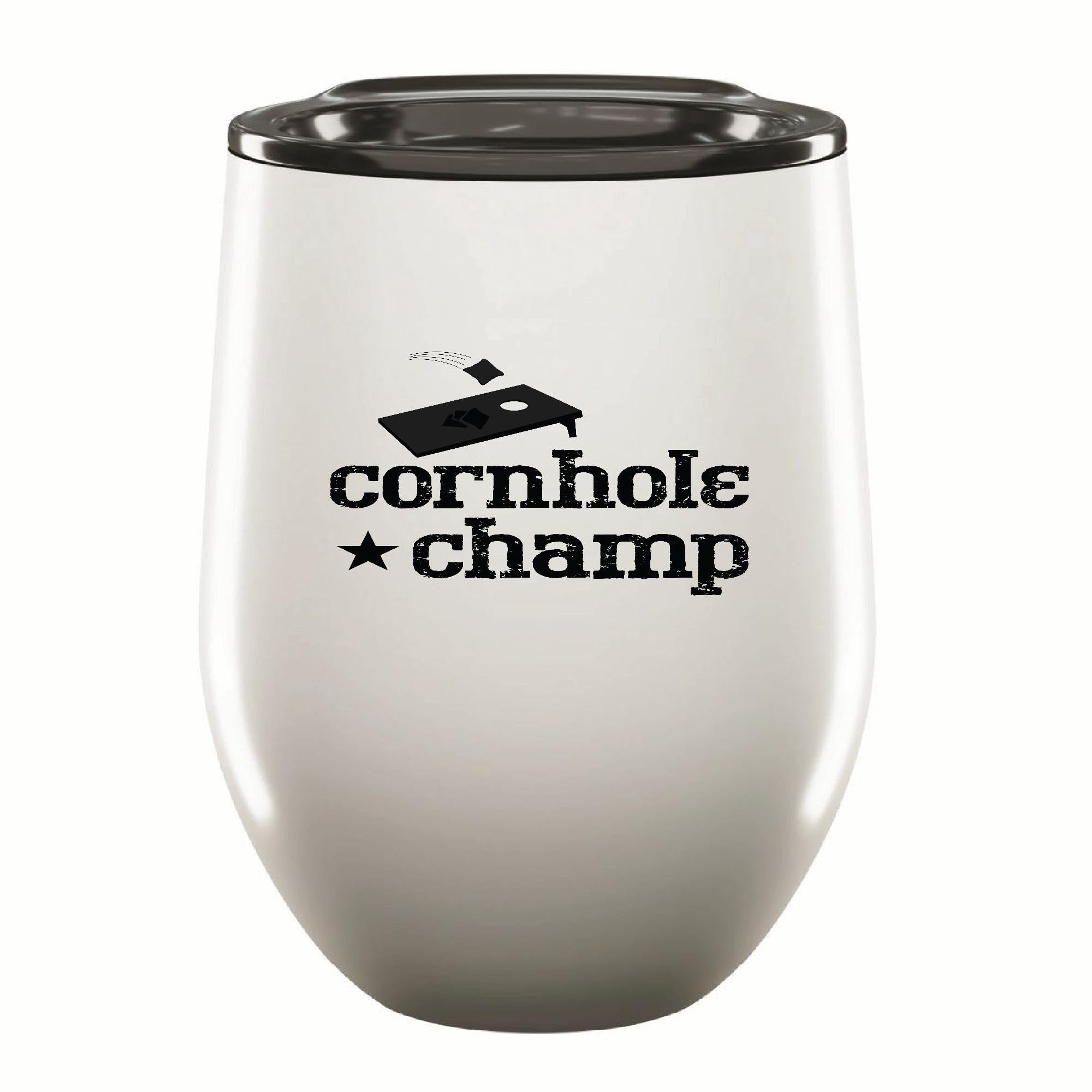 FcatbdeGift for Cornhole Lovers Novelty Cornhole Champ Funny Designs 12oz Wine Tumbler Cup