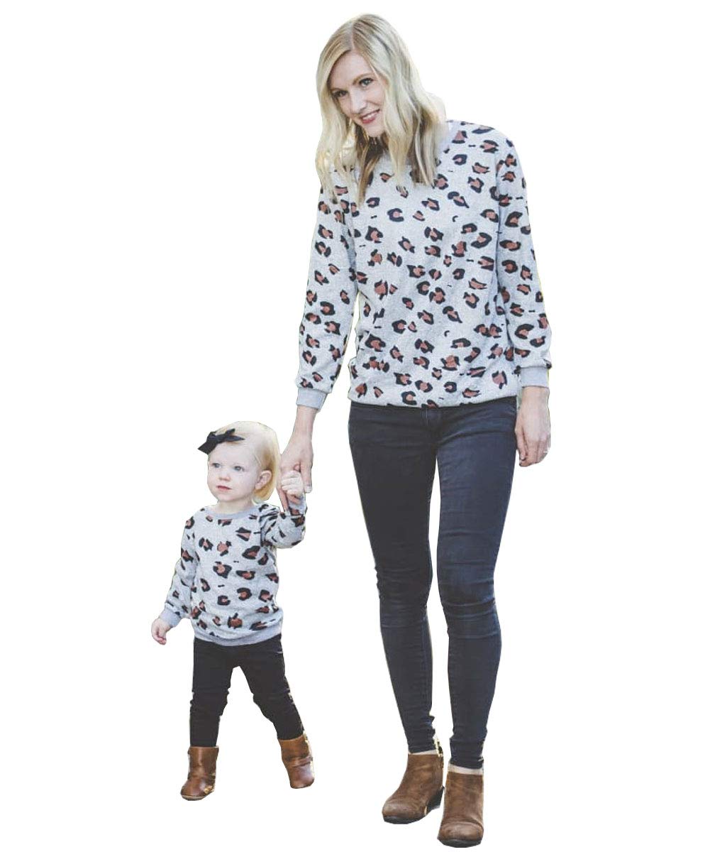 Bai You Mei Mommy and Me Matching Outfits Leopard Sweatshirt Long Sleeve Casual Pullover Blouse Mother Daughter Sweater Tops