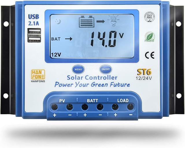 SolaMr 30A Solar Charge Controller 12V/24V Intelligent Regulator with LCD Display and Double USB Port for Solar Panel Battery - ST6-30A
