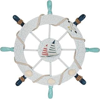 Rienar Nautical Ship Steering Wheel - 11" Diameter Wooden Beach Home Wall Décor With Fishing Net/Shell/Fish/Starfish/Seagull